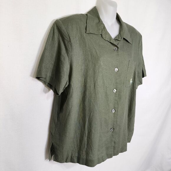 AKC Womens Top Large Green Linen Blend Embroidered Cocktails Tiki Button Pocket - Picture 3 of 10